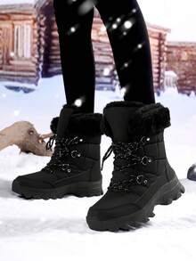 女士户外度假保暖内衬圆头系带防滑高帮雪地靴，透气保暖软底休闲百搭学院风冬季靴，带毛绒 - 黑色 - 查看 2