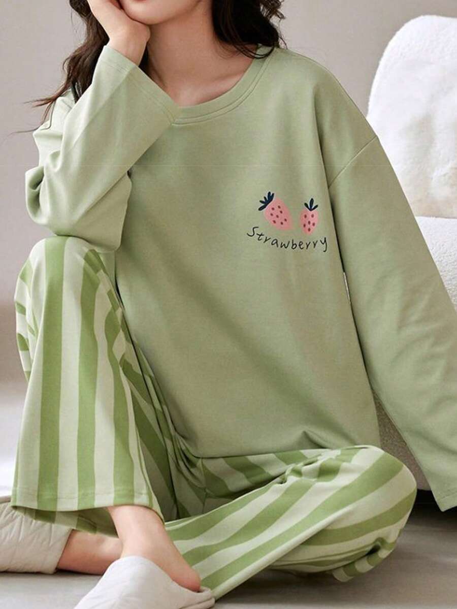 AICJ 2pcs Women Casual Strawberry Print Long Sleeve Top And Pants Lounge Set, Suitable For Spring, Summer, Autumn, Fall Winter Clothes, Cozy Outfit