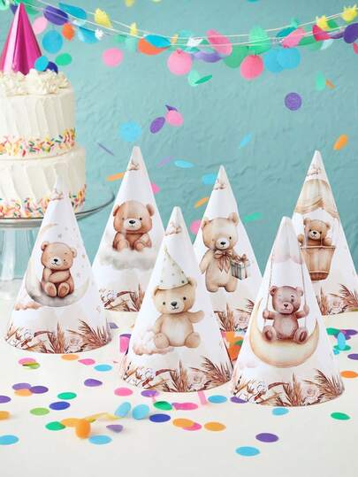 6 件装，棕色小熊主题婴儿洗礼派对纸质派对帽，庆祝出生生日纸质派对帽，可爱棕色小熊图案性别揭晓派对装饰帽，生日派对照片装饰道具，1 岁生日派对帽子装饰用品，性别揭晓派对配饰装饰帽，婴儿洗礼礼物，婴儿洗礼装饰，1 岁生日礼物，性别揭晓回礼