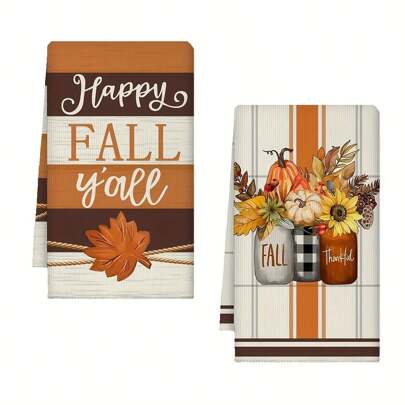 2 件秋季南瓜和枫叶厨房毛巾 - 速干、超强吸水超细纤维洗碗布，适用于感恩节装饰，向日葵格子设计，可机洗 - 南瓜厨房毛巾