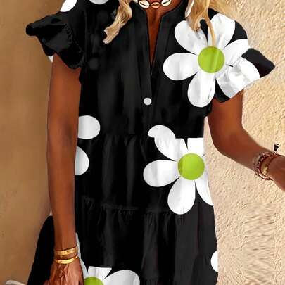 Abito casual da donna taglie forti con stampa floreale e maniche a volant, tessuto intrecciato con elasticitÃ  a 4 vie, 120g, stile vacanziero, outfit