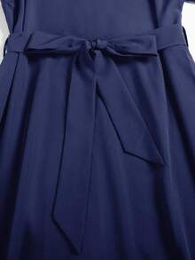 V-Neck Long Sleeve Cinched Waist Lace Patchwork Dress - Royal Blue - View 5