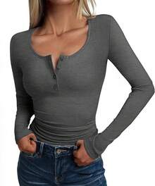 Women's Long Sleeve Tops Henley T Shirts Button Ribbed Slim Fit 2025 Spring Fall Outfits Casual Cute Basic Tee Blouse - Màu xám đen - Xem 1
