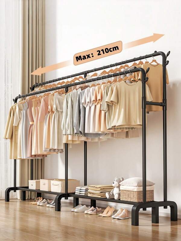 1PC Freestanding Hanger Double Pole Multi-Functional Bedroom Clothing Rack,Metal Clothes Hanger Organizer And Black Clothes Stand With Wheels