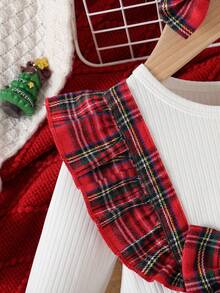 Robe à manches longues pour bébé fille avec volants, patchwork à carreaux rouges de la Saint-Valentin, nœud + Chouchou à nœud