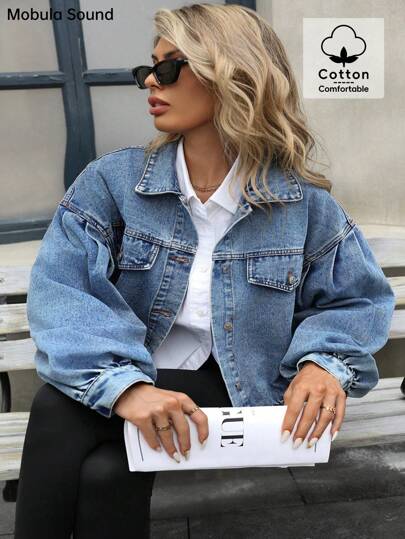 Chaqueta vaquera de estilo informal y casual para mujer talla grande, estilo novio, manga farol, elegante, color azul