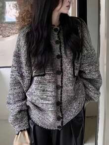 Áo khoác cardigan dệt kim dày dáng rộng cho nữ, áo khoác len dài vừa phải cao cấp thường ngày cho mùa thu/đông - Xám - Xem 2