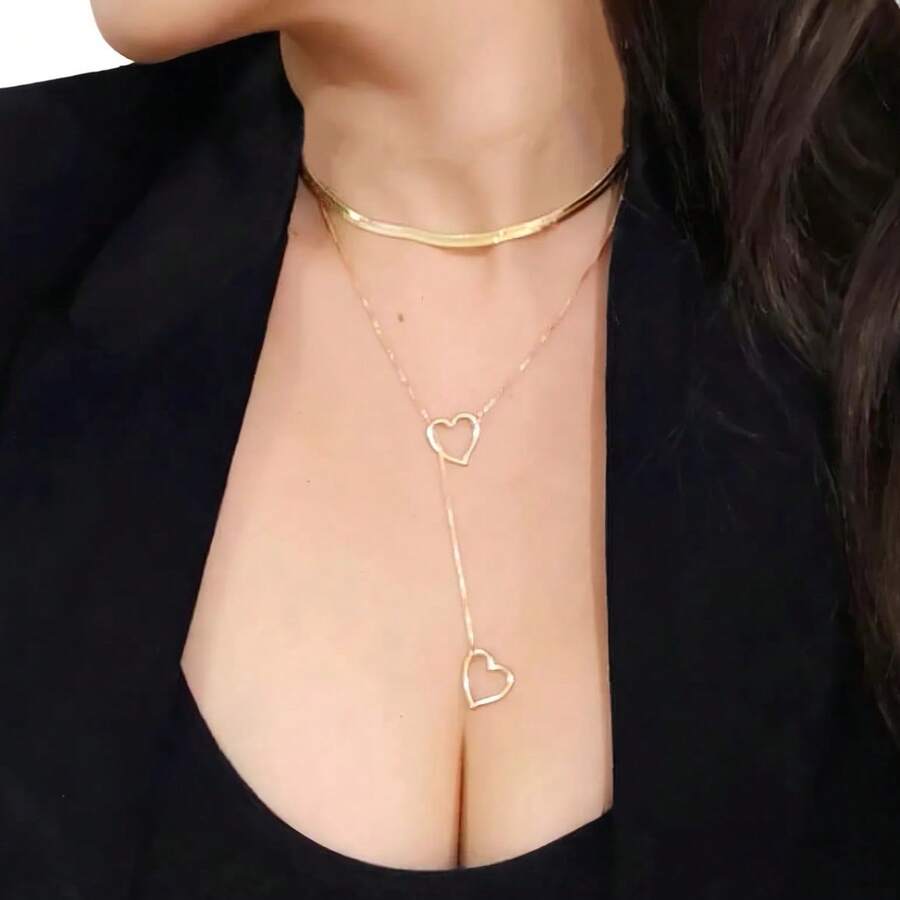 2-Piece Kit With Hollow Double Heart + 18K Gold-Plated Snake Bone Choker - Vàng - Xem 1
