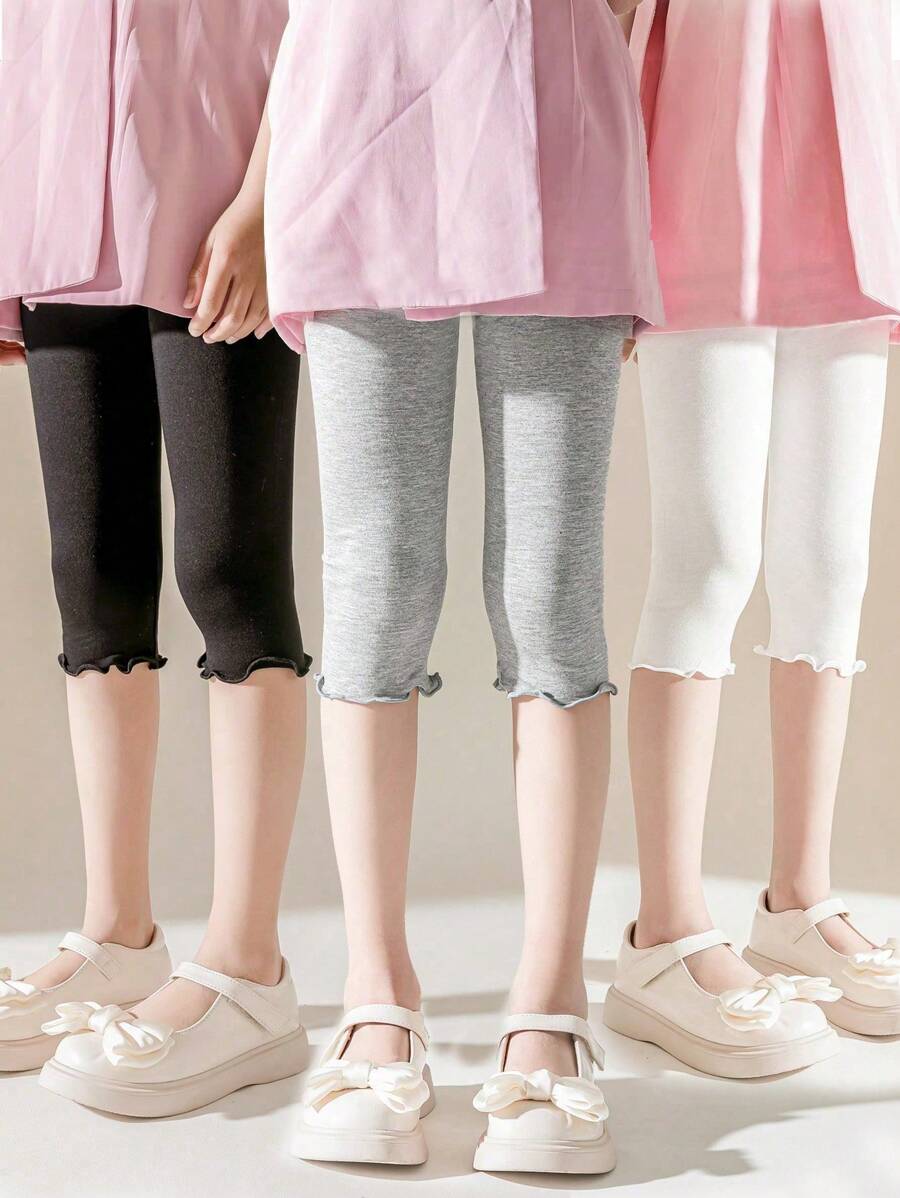 3pcs/Pack Kids Elastic Waist Ruffle Hem Solid Color Capri Leggings - Multicolor - View 1