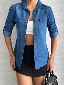 Women's Casual Denim Shirt, Solid Color, Front Button Pocket, Suitable For Daily Wear, Summer/Spring/Autumn/Winter - Blue - View 2