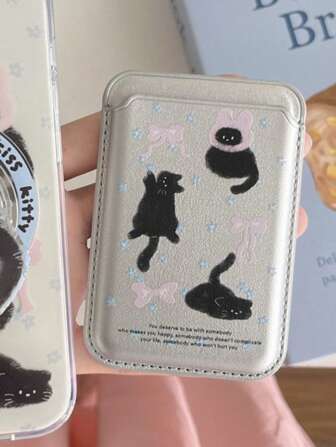 银色磁性猫咪卡包钱包贴纸适用于磁性手机壳