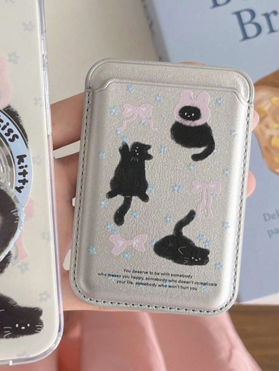 银色磁性猫咪卡包钱包贴纸适用于磁性手机壳