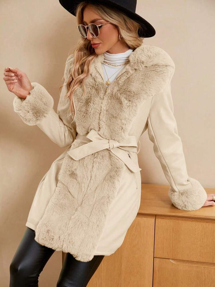 Giolshon レディース PUジャケット フェイクファー ベルト付き - 秋冬