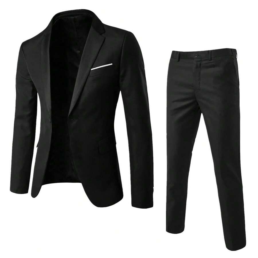 Men's Business Suit Set Professional Formal Wear Two-Piece Slim-Fit Suit Korean Style Best Man & Groom Wedding Attire - 黑色 - 查看 1