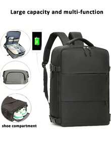 45*30*15cm Multi-Functional Travel Backpack, Fashion Versatile Casual Laptop Notebook Bag, Large Capacity Carry-On Backpack Luggage For Men, High Quality Nylon Material With Shoe Compartment Outdoor Sports Daypack - Black - View 1