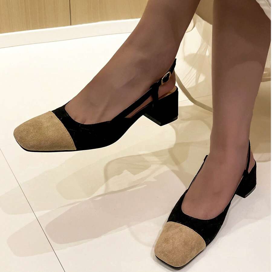 Casual Fashionable Versatile Contrast Color Chunky Heel Women Pumps - Black - View 1