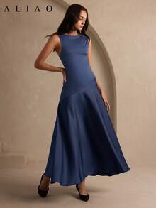 ALIAO Spring/Summer Washed Blue Patchwork A-Line Sleeveless Dress Old Money Palace Style For Dating, Vacation And Daily Wear - Dark Wash - View 7