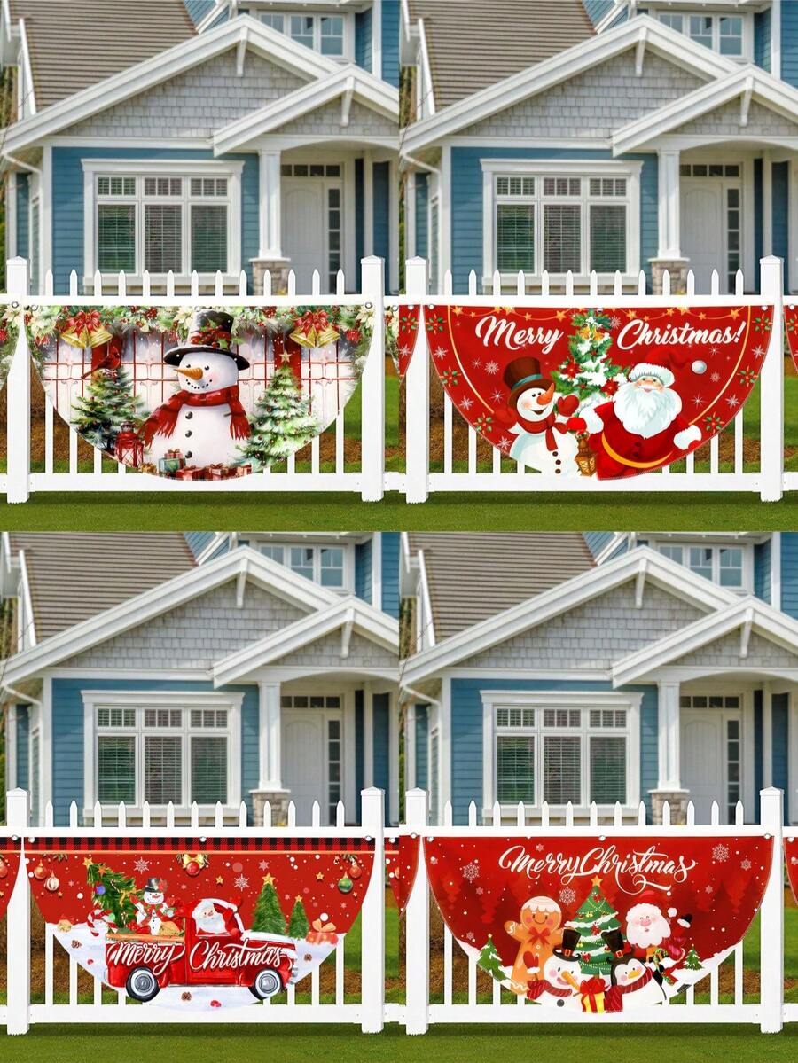 1pc Christmas Bunting Fan Flag, Watercolor Snowman Xmas Tree Design Bunting Flag,Polyester Fabric Fan-Shaped Flag, Christmas Snowman Santa Half Fan Banner Xmas Party Decoration, Christmas Decorations For Home 2025, Christmas Outside Garden Patio Decor - Multicolor - View 1