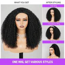 3 In 1 Half Wig Kinky Curl Wear & Go Drawsting Wig No Glue Need Flip Over Half Wig Seamless Clip In - Natural Black - 查看 1