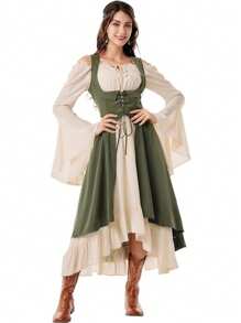 Two Pieces Medieval Women's Renaissance Period Costume With Low Bust Pirate Farmer High Low Dress With Collar Autumn Outfit For Women Halloween