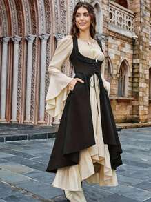 Two Pieces Medieval Women's Renaissance Period Costume With Low Bust Pirate Farmer High Low Dress With Collar Autumn Outfit For Women Halloween