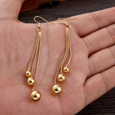 1 Pair Women's Fashion Simple Earrings, Curved Design With Small Ball Pendant, Golden Color Jewelry Earrings, Suitable For Girls Daily Wear, Dubai & European Party Jewelry, Birthday Gift