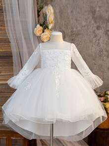 Long Sleeve Lace Patchwork Flower Girl Dress, Trailing Formal Gown For Wedding, Piano Recital - White - View 8