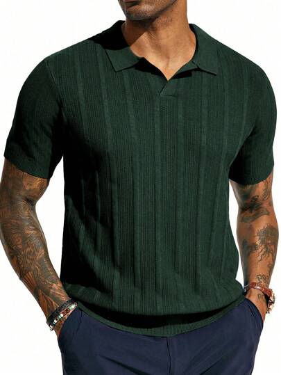 Men's Navy Blue Short - Sleeve Knitted Polo Shirt - Vertical Ribbed Pattern - Comfortable And Stylish For Daily And Smart - Casual Wear
