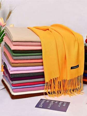 1pc Solid Color Casual Elegant Polyester (Polyester) Faux Cashmere Warm Scarf With Tassels, Soft And Warm For Autumn/Winter