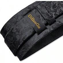 Silk Floral Necktie Set With Tie Clip, Handkerchief & Cufflinks - Solid Black Floral - View 7