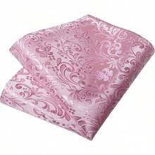 Silk Floral Necktie Set With Tie Clip, Handkerchief & Cufflinks - Solid Pink Floral - View 4