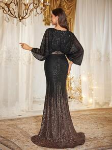 SUPGIR Abito da sera da donna con scollo a V, maniche lunghe, aderente, con spacco alto e patchwork con paillettes - nero - Visualizzare 2