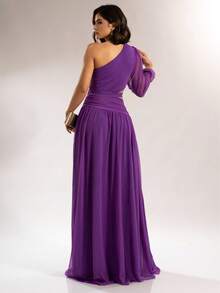 Long Dress For Bridesmaids Wedding Graduation One Elegant Sleeve - الأرجواني - مشاهدة 4