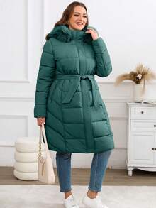 Giolshon Women's Plus Size Minimalist Long Hooded Jacket With Belt And Faux Fur Collar - Suitable For Autumn/Winter - Green - View 7