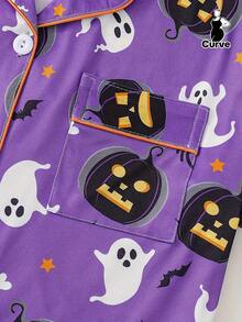 2 件女式加大码亡灵节/万圣节印花睡衣套装，短袖衬衫，有领和纽扣，柔软上衣和松紧腰短裤，时尚日常/家居服，节日睡衣派对装