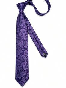 Silk Floral Necktie Set With Tie Clip, Handkerchief & Cufflinks - Purple - View 4