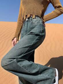 复古蓝色宽松高腰直筒牛仔裤，适合春秋季女士