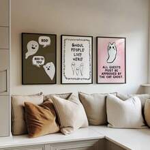 Set Of 3 Cute Ghost Halloween Wall Art Prints, Pink Aesthetic Ghost Poster Set For Bedroom, Living Room, Entryway, Holiday Hosting Decor, Halloween Sign Art For Girl Room Decor, Unframed Canvas Printable Wall Decor, Halloween Fall Autumn Home Decoration, Home Decor Living Room, Pink Halloween Decor