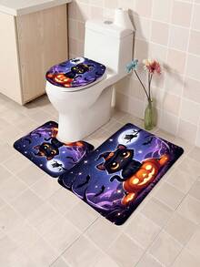 1pc/4pcs Halloween Pumpkin Lantern, Witch, Cat, Bat Pattern Polyester Waterproof Bathroom Shower Curtain With 12 Hooks, Bathroom Mat, U-Shaped Mat, Round Toilet Lid Cover, Bathroom Set For All Occasions Bathroom Decor - Multicolor - View 7