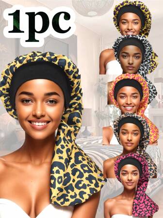 1pc Leopard Print Style Silk Bonnet For Sleeping Satin Bonnet Braid Bonnet,Long Bonnet For Braids Hair Bonnet,Wide Brim Is Elastic And Suitable For Women With Long Or Curly Hair.