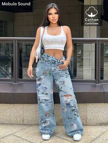 Mobula Sound Floral Print Proste Nogawki Podarte Jeansy, Codzienna Moda Y2K Młode Seksowne Spodnie Na Festiwal Muzyczny Dla Kobiet, Wiosna/Lato - Niebieski - Zobacz 1