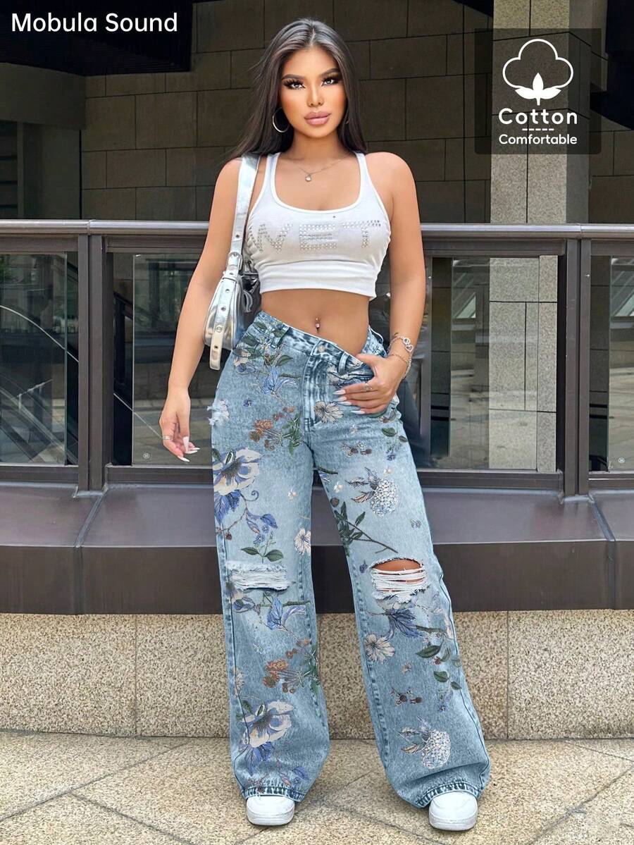 Mobula Sound Floral Print Proste Nogawki Podarte Jeansy, Codzienna Moda Y2K Młode Seksowne Spodnie Na Festiwal Muzyczny Dla Kobiet, Wiosna/Lato - Niebieski - Zobacz 1