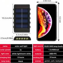 10LED 太陽能上下照戶外防水壁燈，現代北歐風，附陽光感應器，黑色外牆燈，適用於房屋、花園、門廊（白光，1件），秋季裝飾，室內外裝飾 - 1pc-10LEDs-白光 - 查看 3