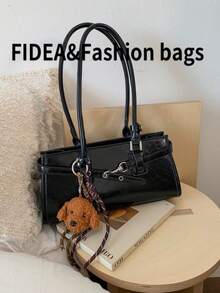 Fashionable New Women's Tote Bag, Solid Color Minimalist PU Leather Vintage Style, Suitable For Dates, Shopping, Versatile, Comes With Keychain Pendant - Black - View 6