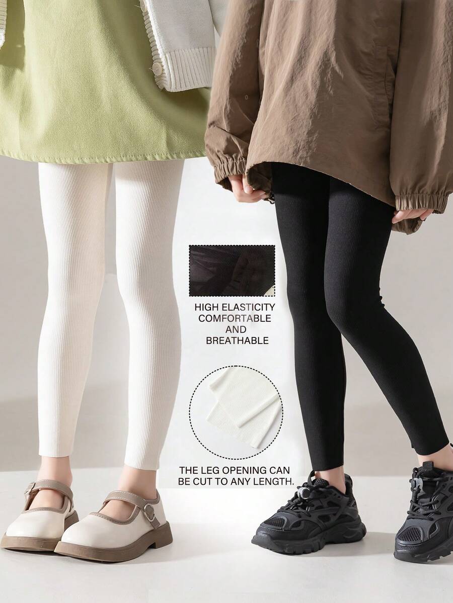 2pcs/Pack Kids' Comfortable Solid Color Ankle Length Leggings, Can Be Worn Outerwear - Black and White - View 1