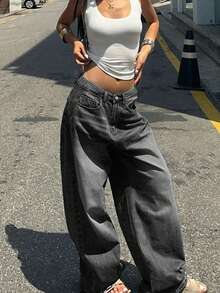 女士休闲宽松阔腿牛仔裤，百搭实用，适合日常通勤和春季街头穿搭 - 深灰色 - 查看 8