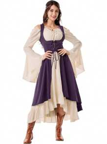 Two Pieces Medieval Women's Renaissance Period Costume With Low Bust Pirate Farmer High Low Dress With Collar Autumn Outfit For Women Halloween