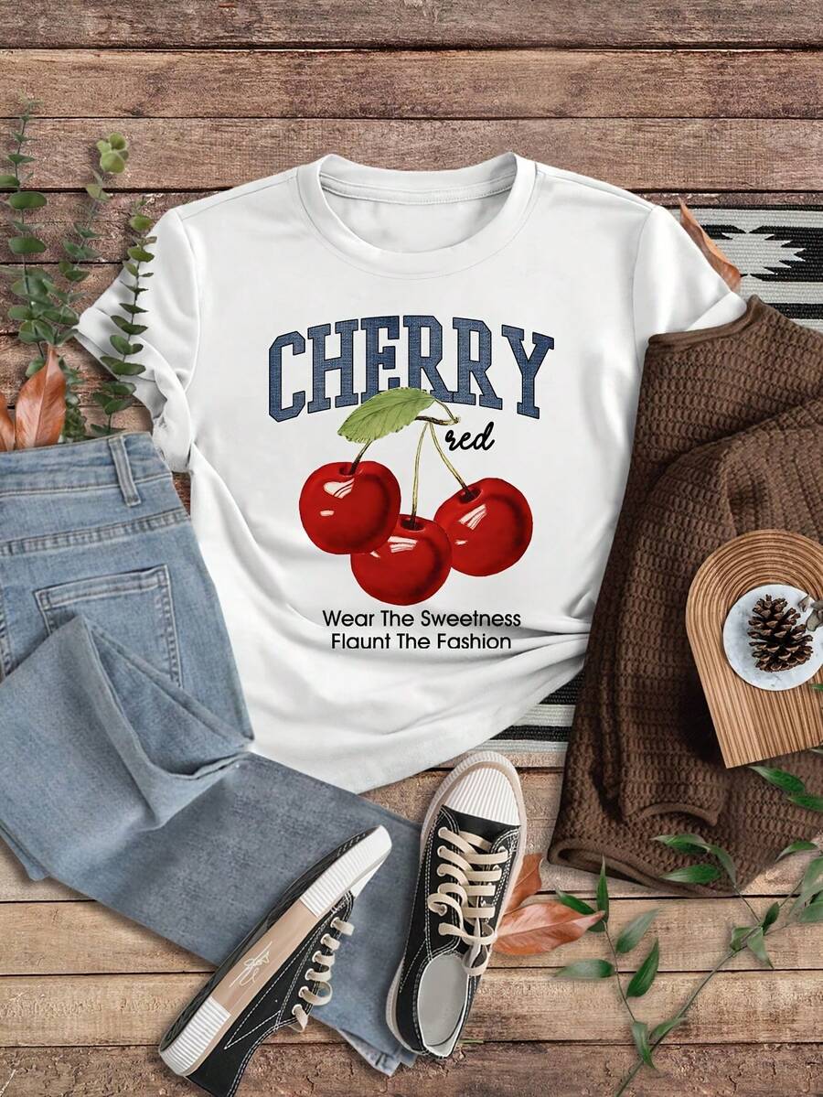 Girls' Beige Cherry Graphic Tee - "Sweetness Runs In Our Cherry" Print, Casual & Girls Clothes 8 To 10 Years,Made In USA Cotton , Short Sleeve Crew Neck - Perfect For Summer Outings - trắng - Xem 1
