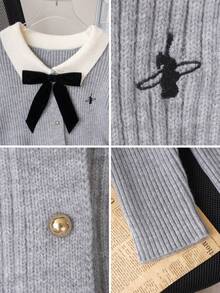 Áo cardigan nữ tay dài thêu họa tiết, phối màu tương phản, cổ áo nơ, kiểu dáng sinh viên thu/đông, phong cách đường phố thường ngày. - Xám - Xem 11