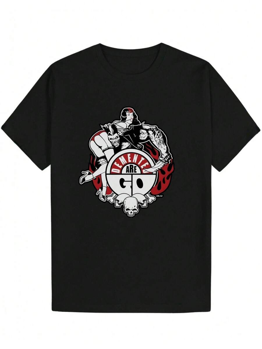 Camiseta gráfica casual de verano para hombres - Diseño de calavera negra y llamas con texto Passionate Are Go. Camiseta de cuello redondo de poliéster ligero. Lavable aáquina, ajuste regular para ropa casual. Camiseta con gráfico llamativo. Tela cómoda - Negro - Ver 1